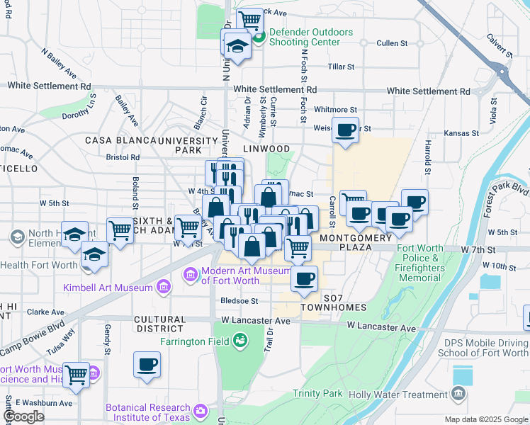 map of restaurants, bars, coffee shops, grocery stores, and more near 2901 West 5th Street in Fort Worth