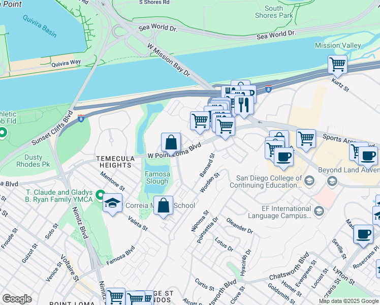 map of restaurants, bars, coffee shops, grocery stores, and more near 4155 West Point Loma Boulevard in San Diego