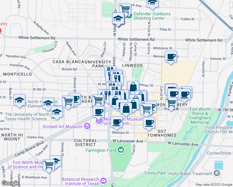 map of restaurants, bars, coffee shops, grocery stores, and more near 612 Norwood Street in Fort Worth