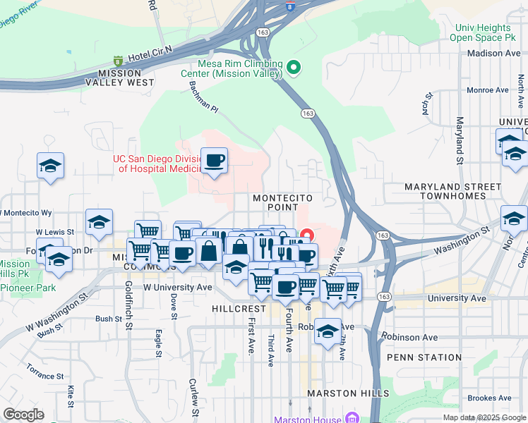 map of restaurants, bars, coffee shops, grocery stores, and more near Bachman Place & Montecito Way in San Diego