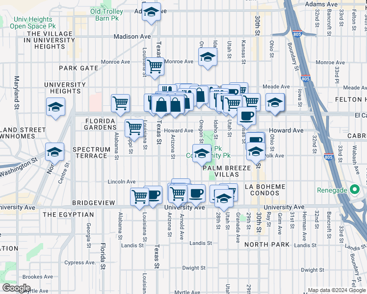 map of restaurants, bars, coffee shops, grocery stores, and more near 4140 Hamilton Street in San Diego