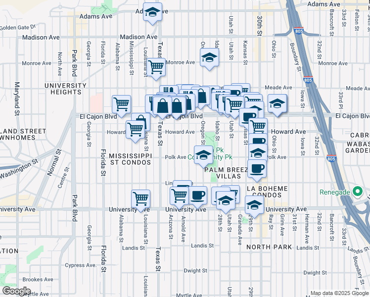 map of restaurants, bars, coffee shops, grocery stores, and more near 4140 Hamilton Street in San Diego