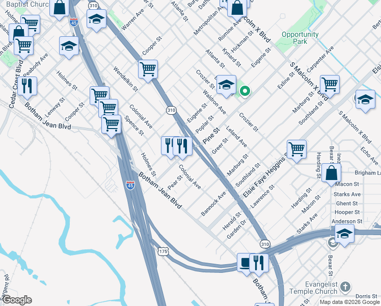 map of restaurants, bars, coffee shops, grocery stores, and more near 1729 Pear Street in Dallas