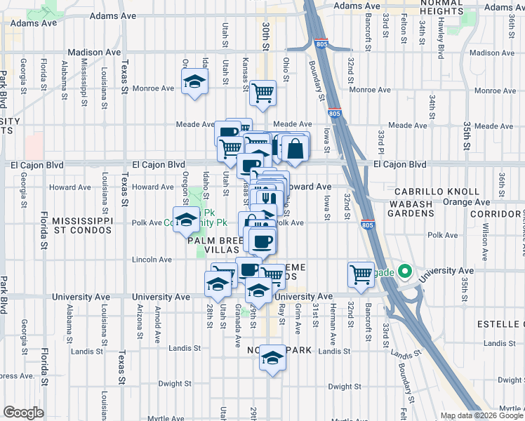 map of restaurants, bars, coffee shops, grocery stores, and more near 4114 30th Street in San Diego