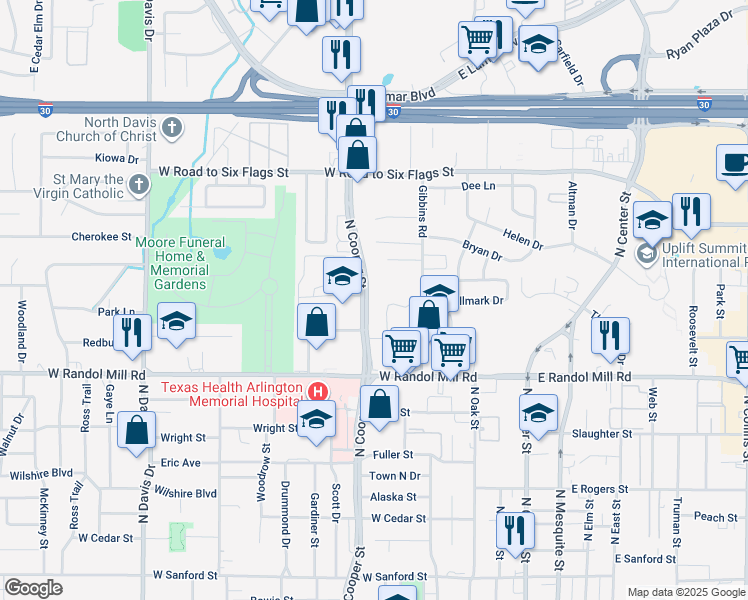 map of restaurants, bars, coffee shops, grocery stores, and more near 1215 North Cooper Street in Arlington