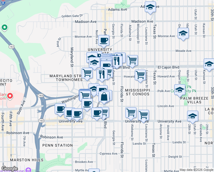 map of restaurants, bars, coffee shops, grocery stores, and more near 4114 Georgia Street in San Diego