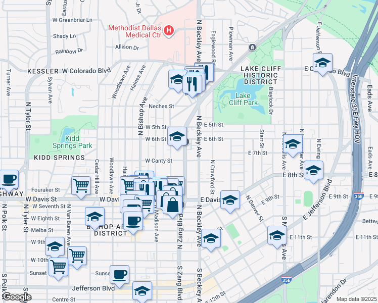 map of restaurants, bars, coffee shops, grocery stores, and more near 810 North Zang Boulevard in Dallas