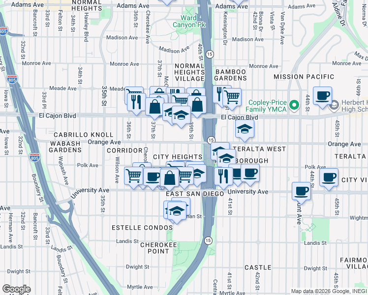 map of restaurants, bars, coffee shops, grocery stores, and more near 4154 39th Street in San Diego