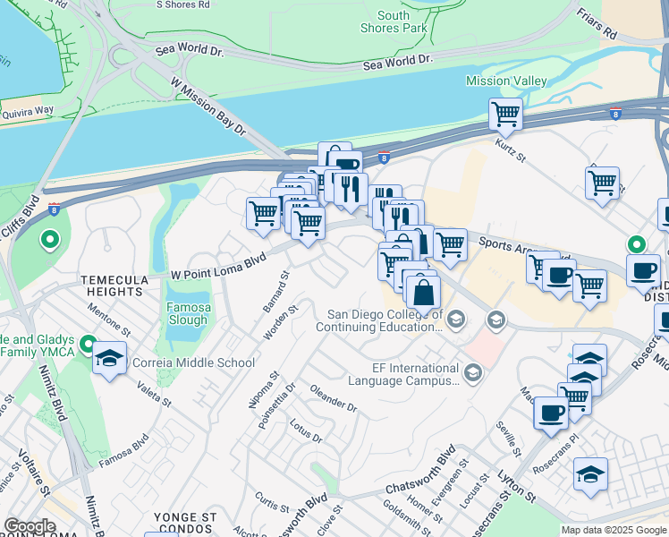 map of restaurants, bars, coffee shops, grocery stores, and more near 3845 Groton Street in San Diego