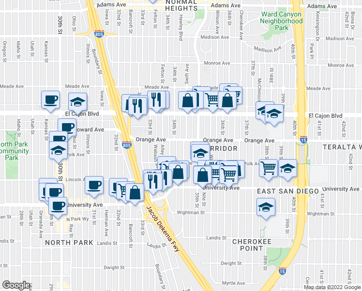 map of restaurants, bars, coffee shops, grocery stores, and more near 4170 Swift Avenue in San Diego