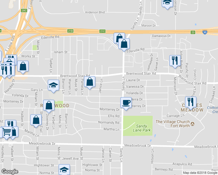 map of restaurants, bars, coffee shops, grocery stores, and more near 7317 Vanessa Dr in Fort Worth