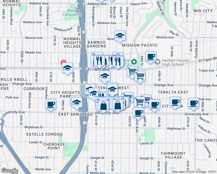 map of restaurants, bars, coffee shops, grocery stores, and more near 4177 Marlborough Avenue in San Diego