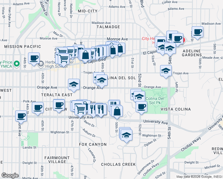 map of restaurants, bars, coffee shops, grocery stores, and more near 4189 Winona Avenue in San Diego