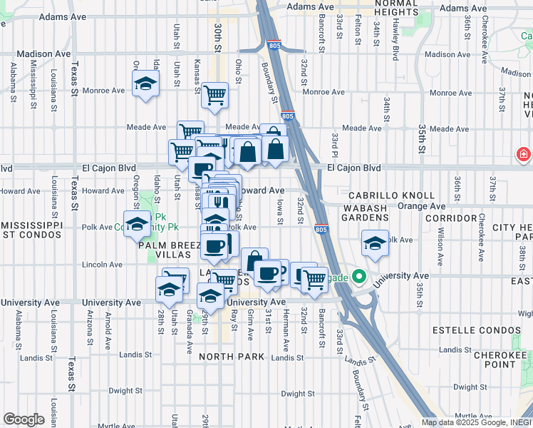 map of restaurants, bars, coffee shops, grocery stores, and more near 4111 Illinois Street in San Diego