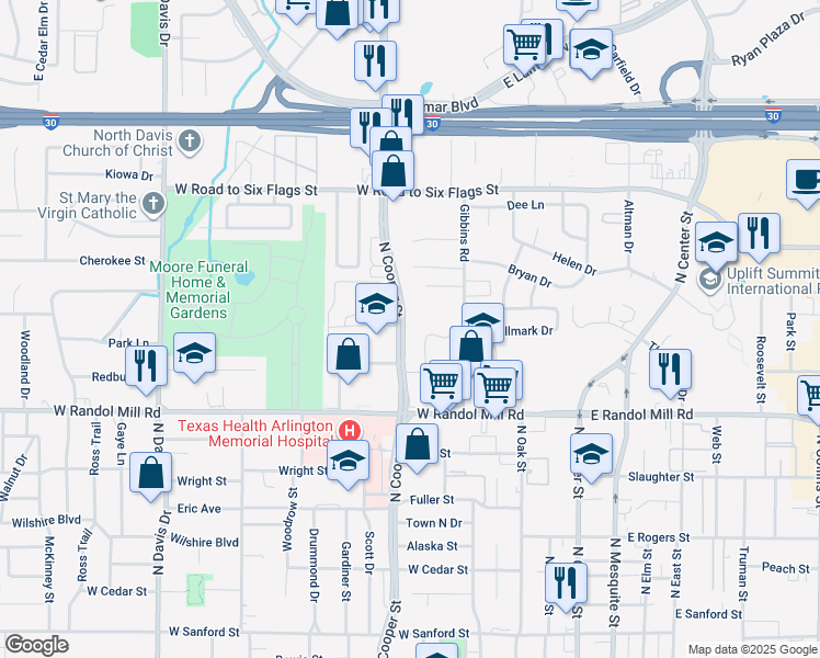 map of restaurants, bars, coffee shops, grocery stores, and more near 1215 North Cooper Street in Arlington