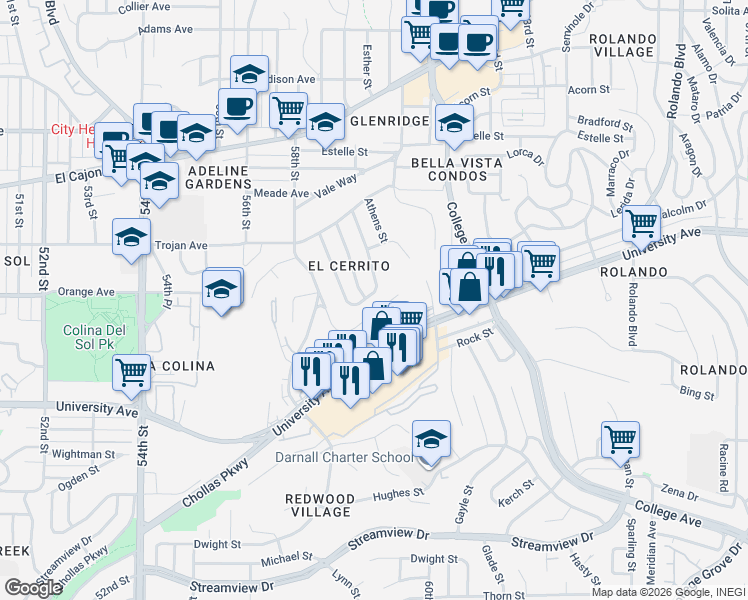 map of restaurants, bars, coffee shops, grocery stores, and more near 4050 Olympic Street in San Diego