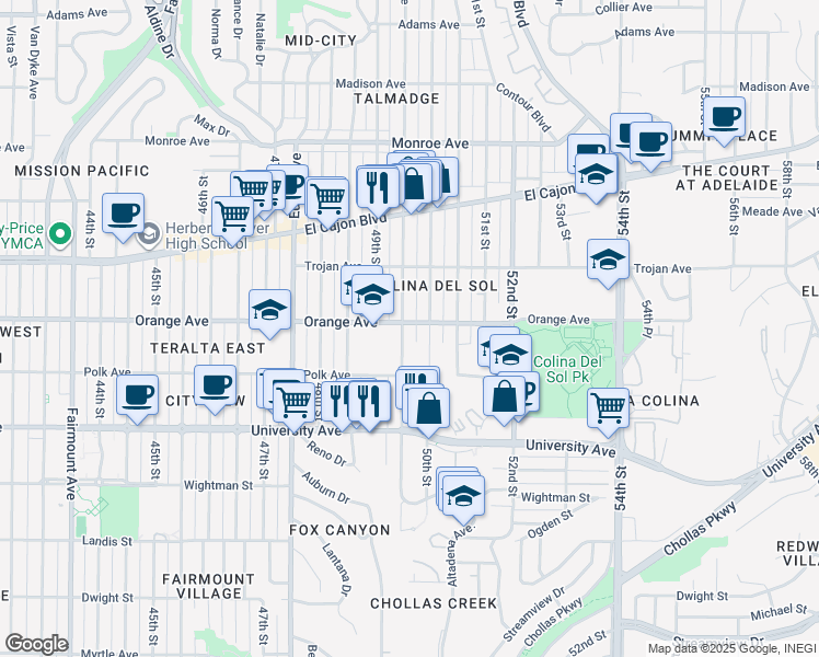 map of restaurants, bars, coffee shops, grocery stores, and more near in San Diego