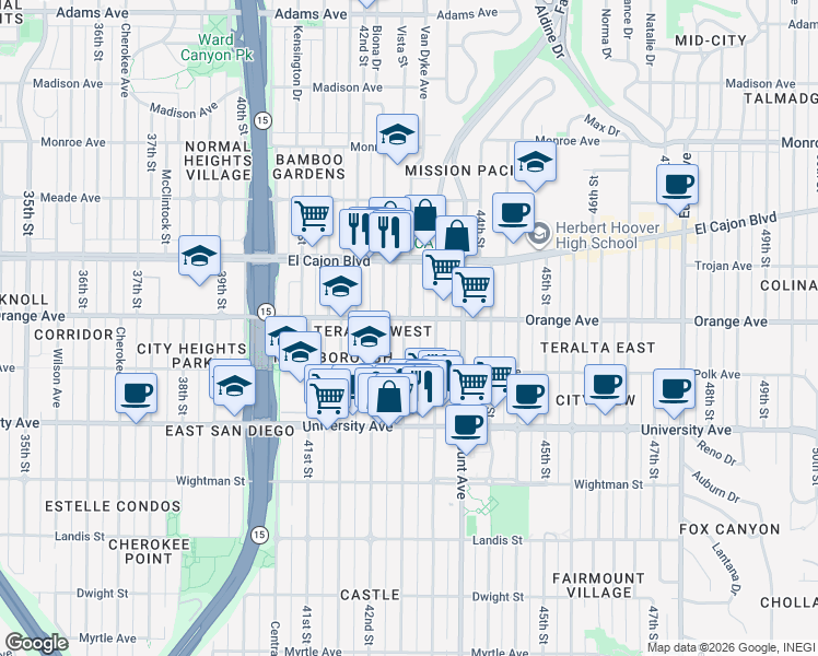 map of restaurants, bars, coffee shops, grocery stores, and more near 4156 Van Dyke Avenue in San Diego