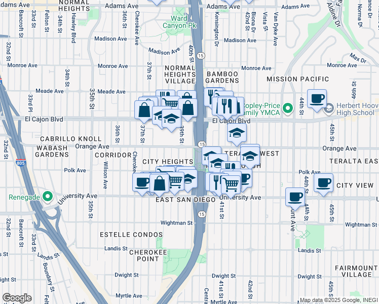 map of restaurants, bars, coffee shops, grocery stores, and more near 4158 40th Street in San Diego