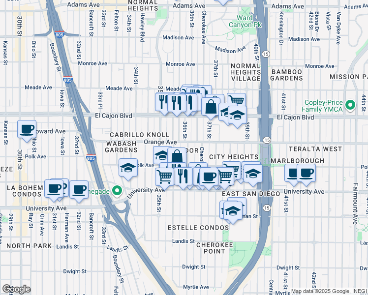 map of restaurants, bars, coffee shops, grocery stores, and more near in San Diego