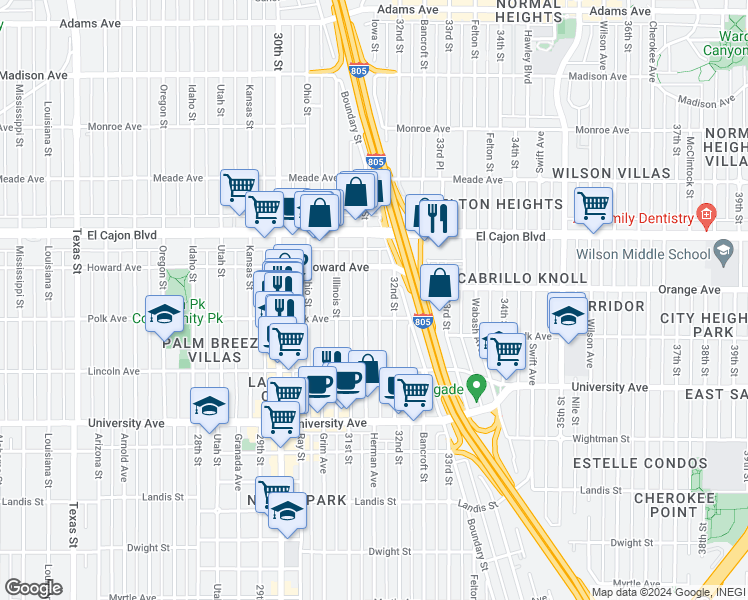 map of restaurants, bars, coffee shops, grocery stores, and more near 4124 32nd Street in San Diego