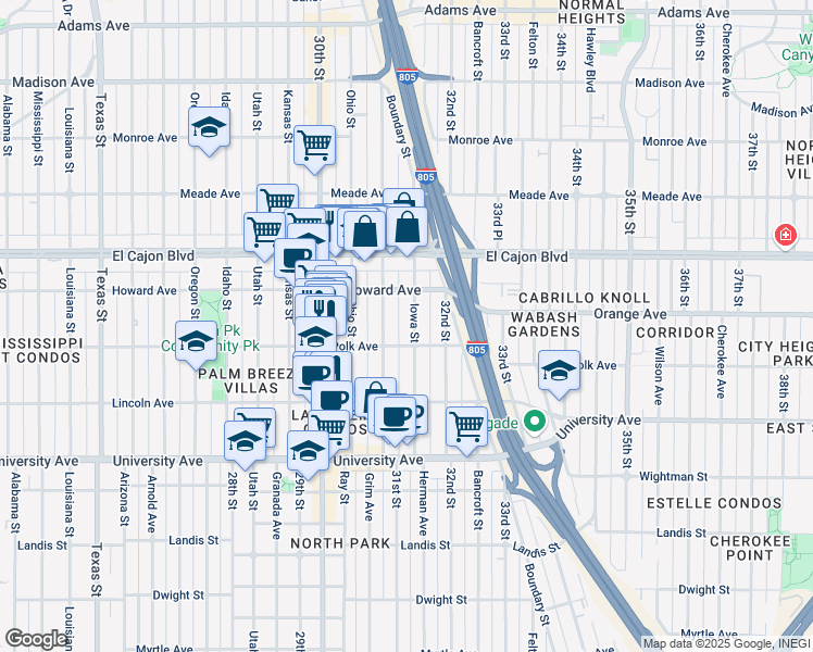 map of restaurants, bars, coffee shops, grocery stores, and more near 4111 Illinois Street in San Diego