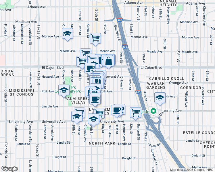 map of restaurants, bars, coffee shops, grocery stores, and more near 4124 Ohio Street in San Diego