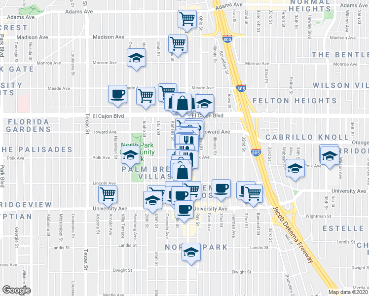 map of restaurants, bars, coffee shops, grocery stores, and more near in San Diego