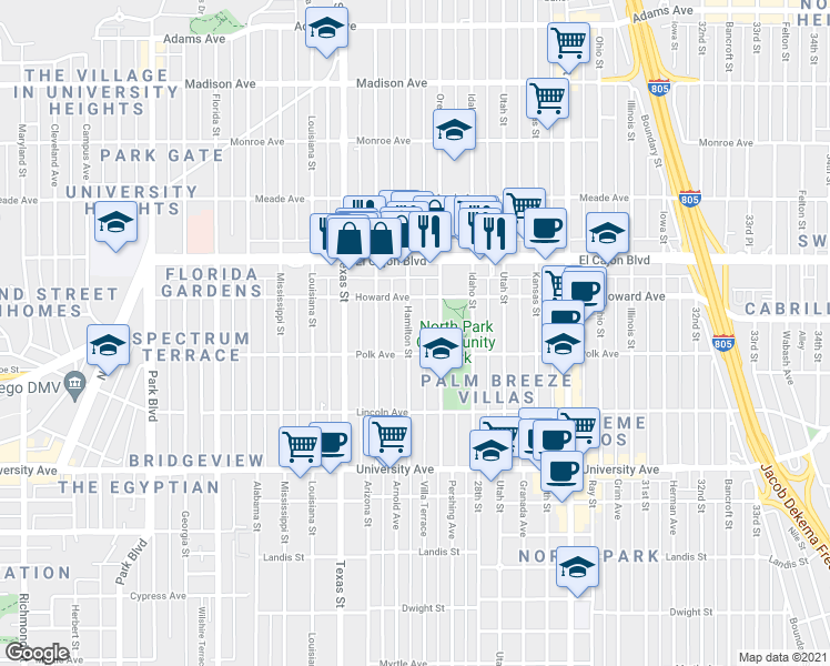 map of restaurants, bars, coffee shops, grocery stores, and more near 4114 Hamilton Street in San Diego