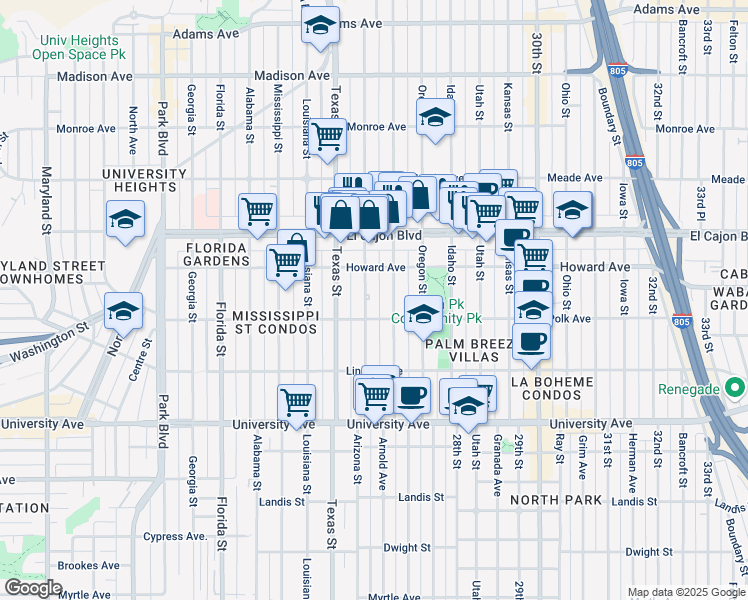 map of restaurants, bars, coffee shops, grocery stores, and more near 4114 Hamilton Street in San Diego