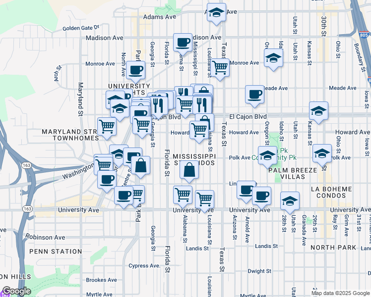 map of restaurants, bars, coffee shops, grocery stores, and more near 4115 Alabama Street in San Diego
