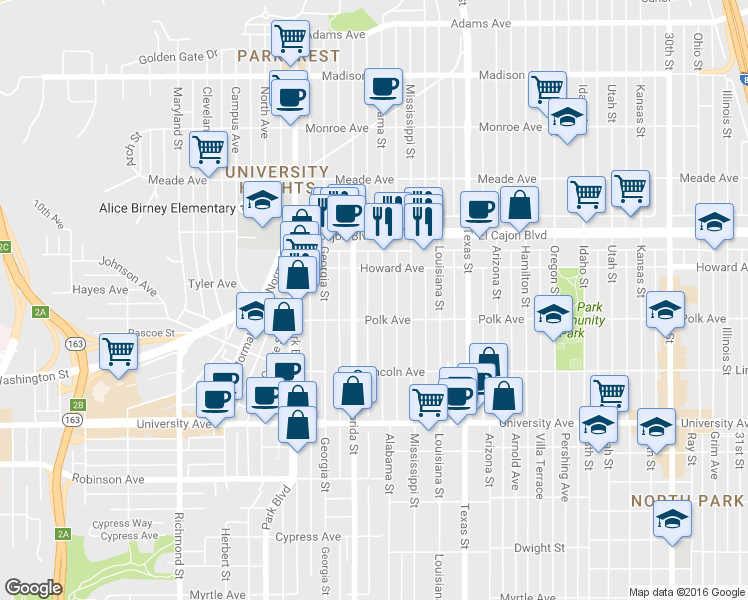 map of restaurants, bars, coffee shops, grocery stores, and more near 4115 Alabama Street in San Diego