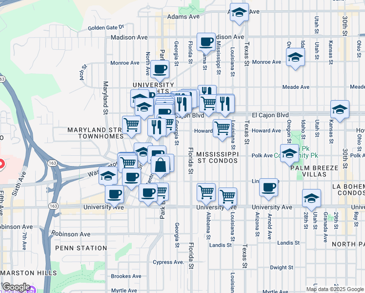 map of restaurants, bars, coffee shops, grocery stores, and more near 4112 Florida Street in San Diego