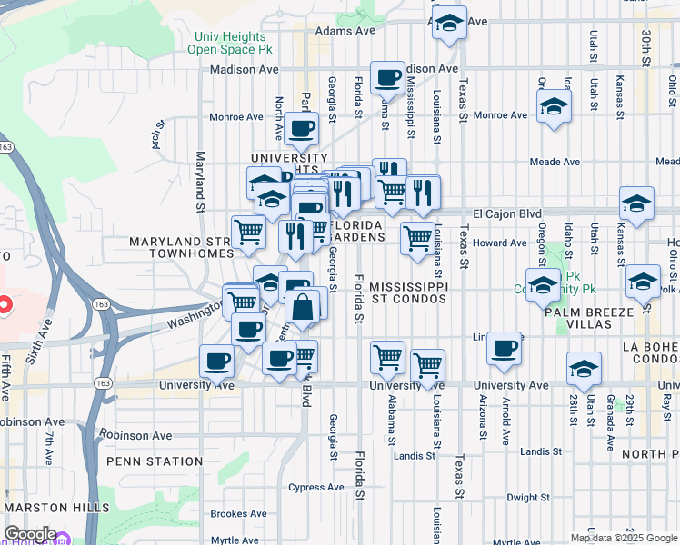 map of restaurants, bars, coffee shops, grocery stores, and more near 4112 Florida Street in San Diego