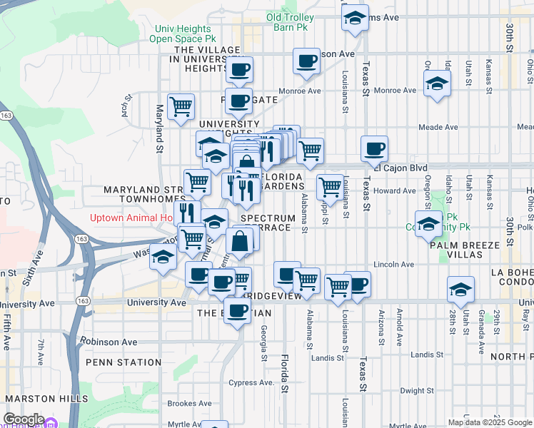 map of restaurants, bars, coffee shops, grocery stores, and more near 4114 Georgia Street in San Diego