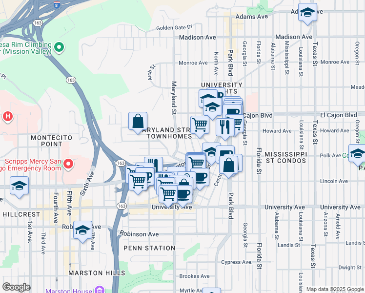 map of restaurants, bars, coffee shops, grocery stores, and more near 4191 Cleveland Avenue in San Diego