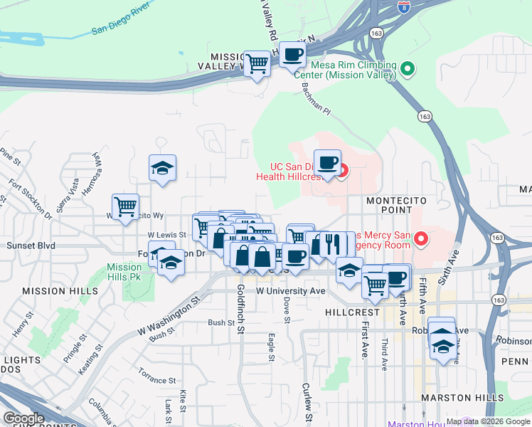 map of restaurants, bars, coffee shops, grocery stores, and more near 4139 Eagle Street in San Diego