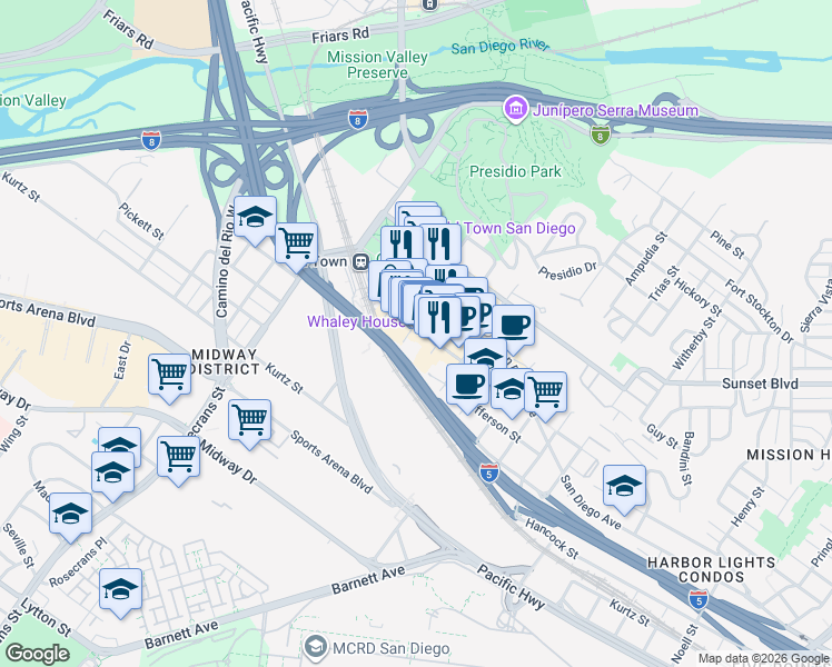 map of restaurants, bars, coffee shops, grocery stores, and more near 2240 San Diego Freeway in San Diego