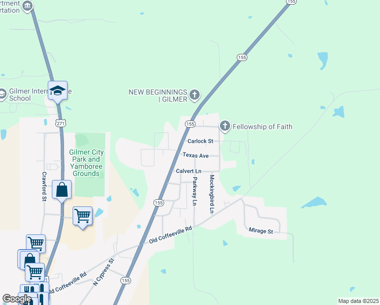 map of restaurants, bars, coffee shops, grocery stores, and more near 106 Texas Avenue in Gilmer