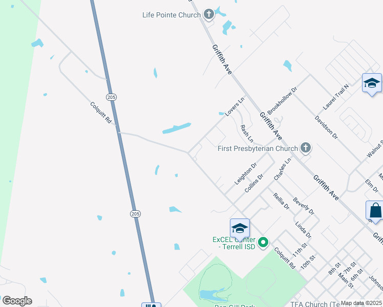map of restaurants, bars, coffee shops, grocery stores, and more near 100 Lovers Lane in Terrell