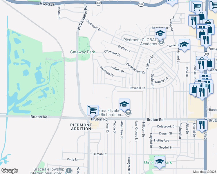 map of restaurants, bars, coffee shops, grocery stores, and more near 7328 Ravehill Lane in Dallas