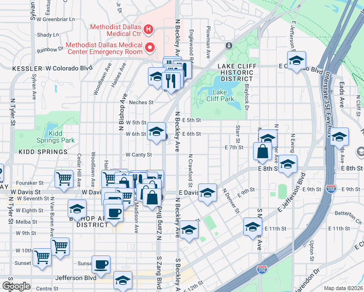 map of restaurants, bars, coffee shops, grocery stores, and more near 805 North Crawford Street in Dallas