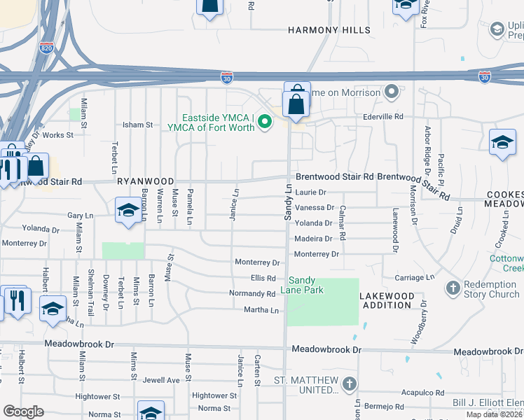 map of restaurants, bars, coffee shops, grocery stores, and more near 7328 Vanessa Drive in Fort Worth