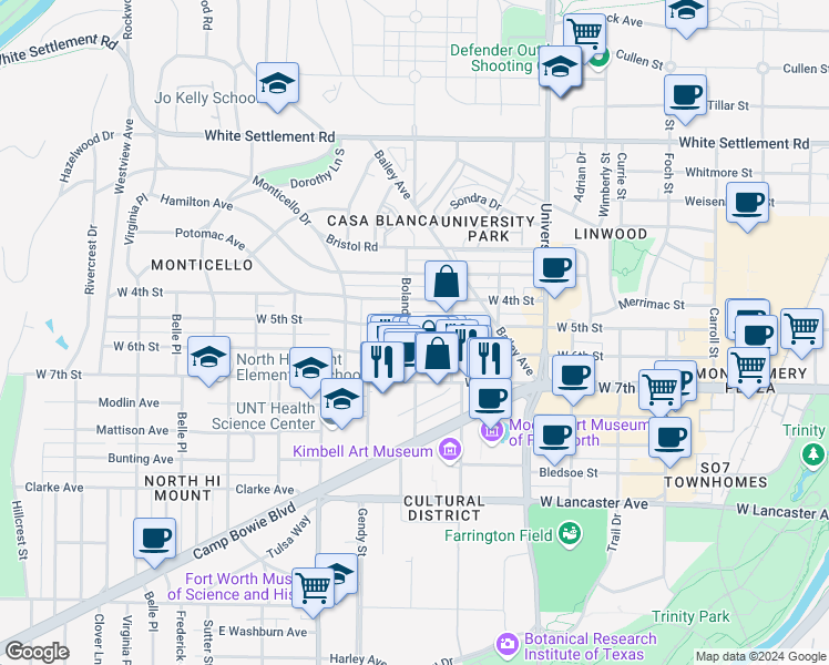 map of restaurants, bars, coffee shops, grocery stores, and more near 3336 West 6th Street in Fort Worth