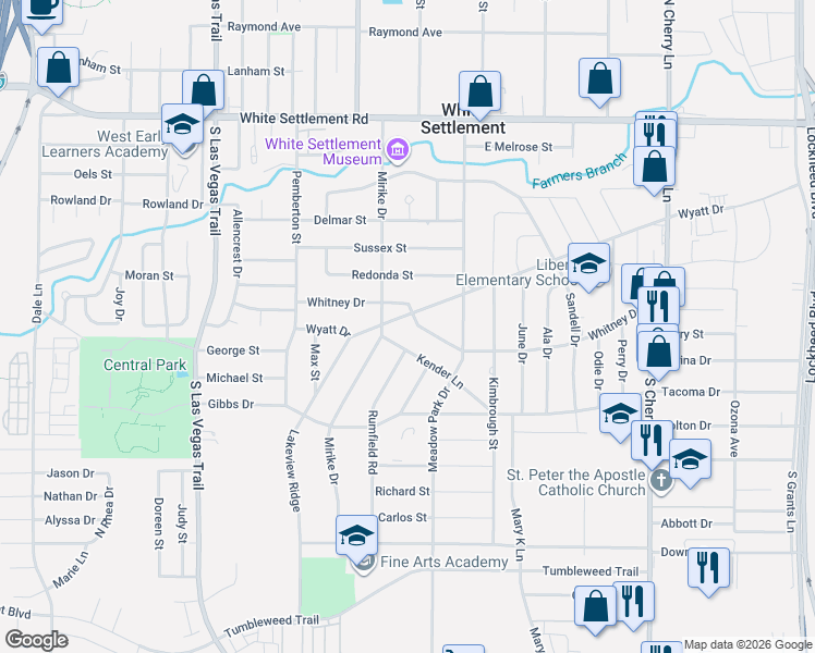 map of restaurants, bars, coffee shops, grocery stores, and more near 8319 Whitney Drive in Fort Worth