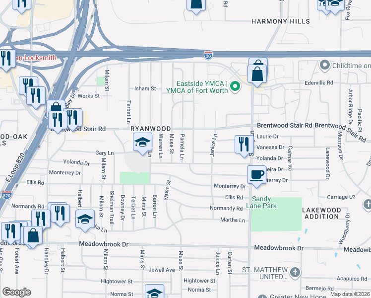 map of restaurants, bars, coffee shops, grocery stores, and more near 1817 Pamela Lane in Fort Worth
