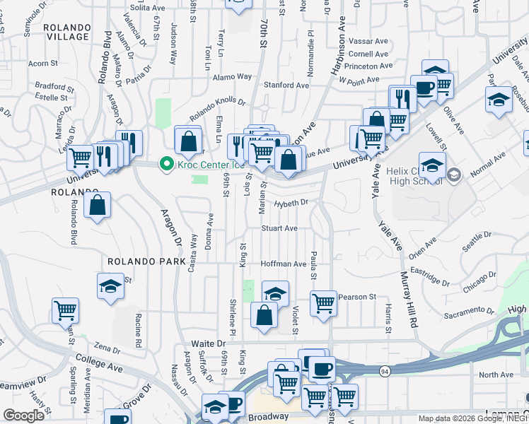 map of restaurants, bars, coffee shops, grocery stores, and more near 4163 Marian Street in La Mesa
