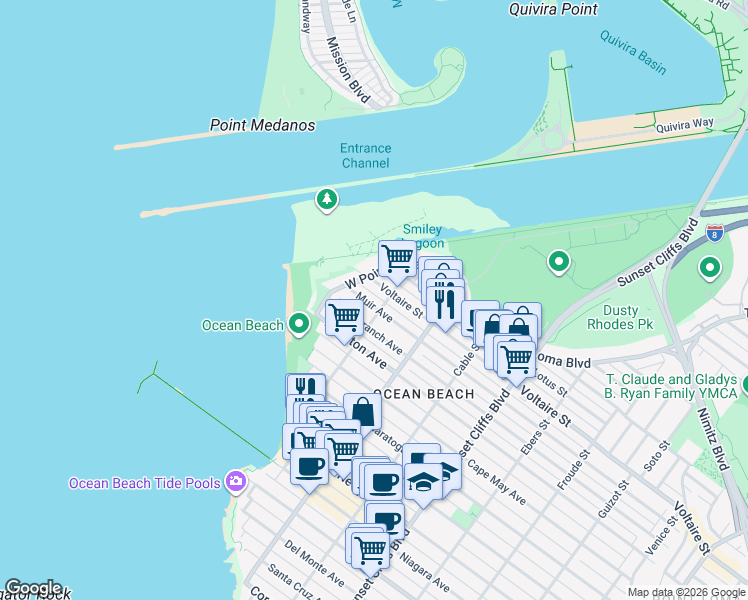 map of restaurants, bars, coffee shops, grocery stores, and more near 5102 Muir Avenue in San Diego