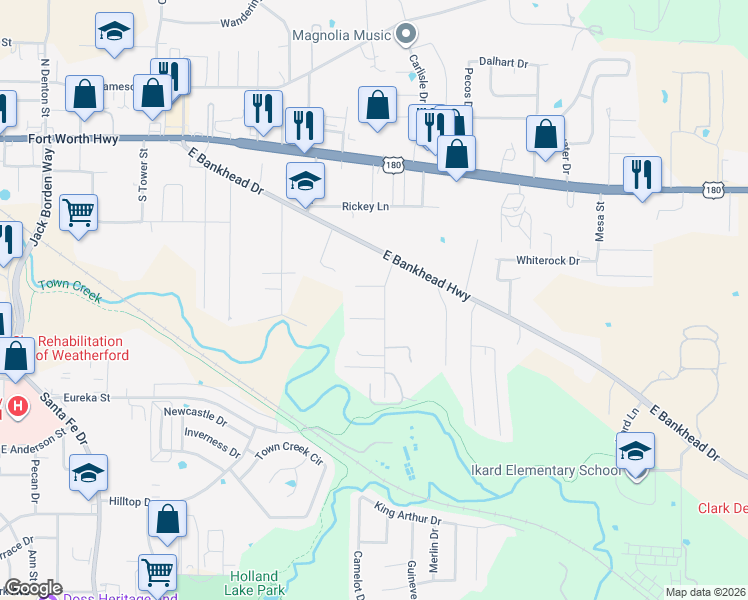 map of restaurants, bars, coffee shops, grocery stores, and more near 206 Hickory Lane in Weatherford