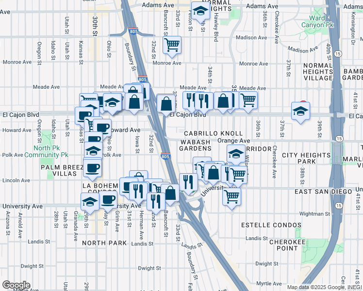 map of restaurants, bars, coffee shops, grocery stores, and more near 4152 33rd Street in San Diego